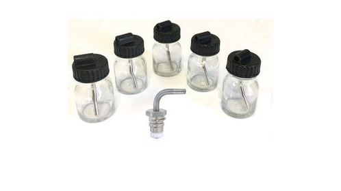 SATA minijet 4400 B: Set of 5 x 25ml Glass Cups with Plug-In Lids & QCC Plug-In Connection